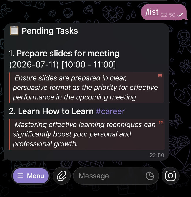 The /list command showing pending tasks in Telegram